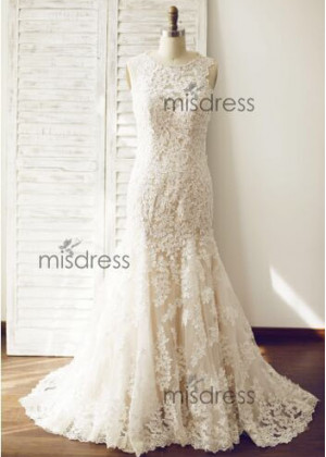 Vintage Lace Tulle Mermaid Wedding Dress With Champagne Lining